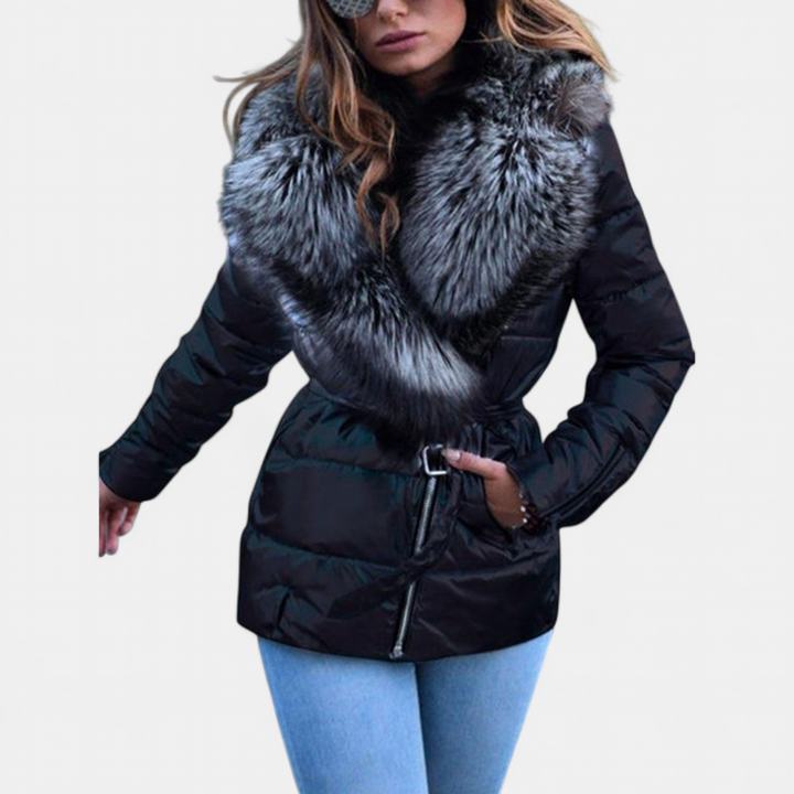 Women's Shiny Quilted Puffer Jacket, Faux Fur Collar Padded