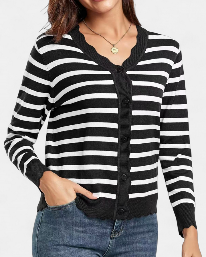 Women's Cropped Knit Cardigan, Button Up V Neck Scalloped Trim