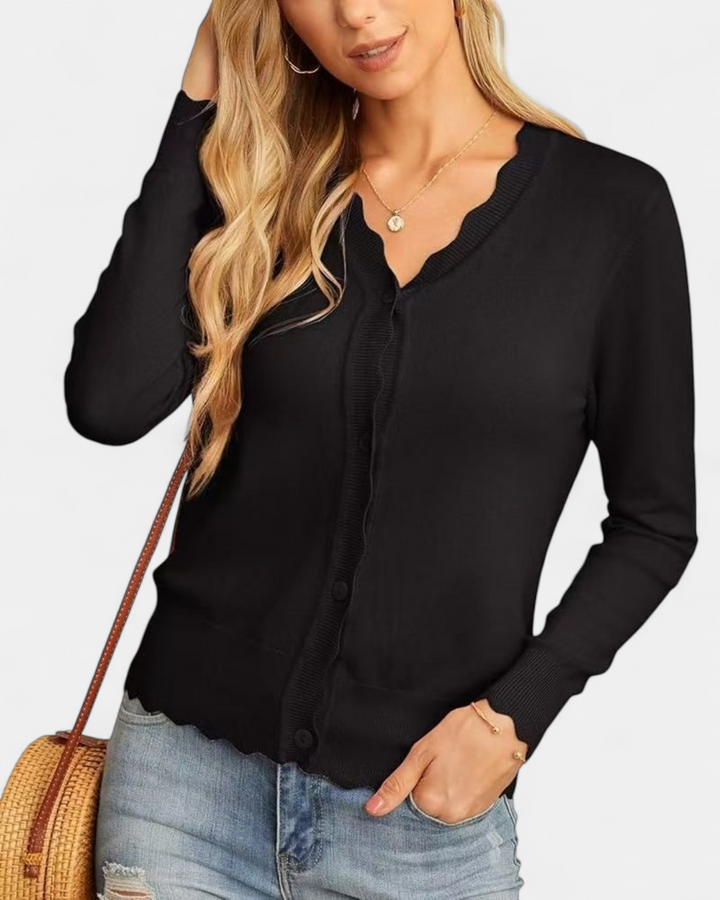 Women's Cropped Knit Cardigan, Button Up V Neck Scalloped Trim