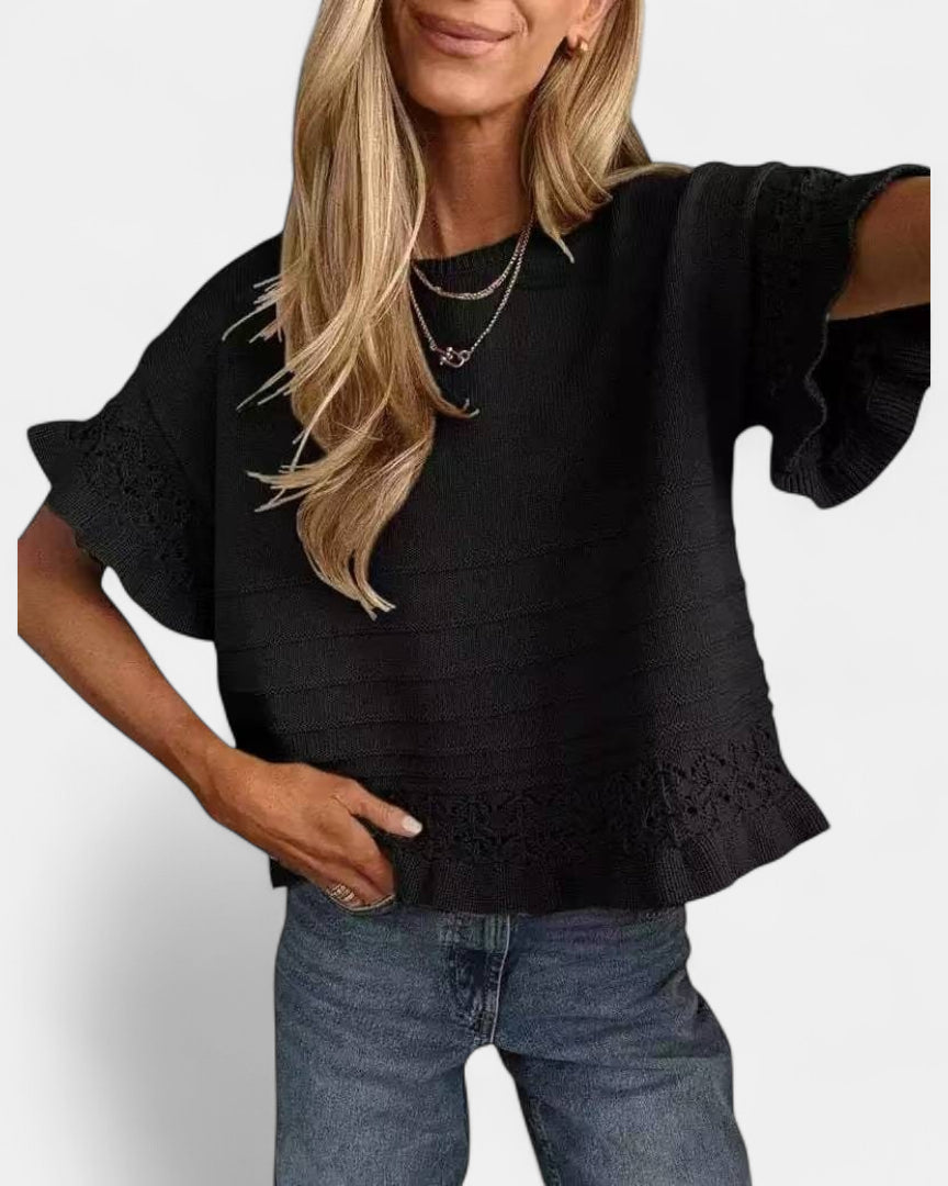 Women's Cropped Knit Jumper, Short Sleeve Pointelle Ruffle