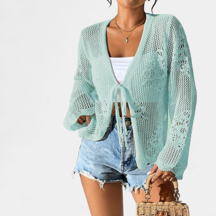 Women's Cropped Crochet Cardigan, Tie Front Lightweight Summer