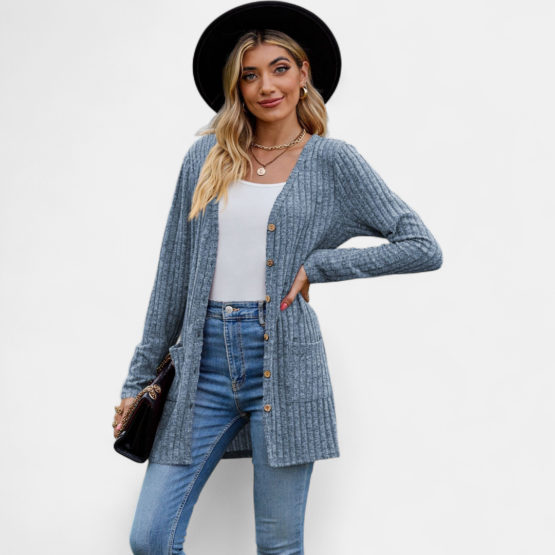 Women's Long Knit Cardigan, Button Up V Neck Pockets