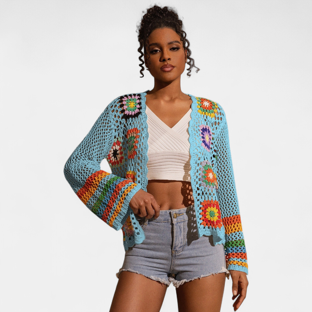 Women's Cropped Crochet Cardigan, Granny Square Open Knit Floral