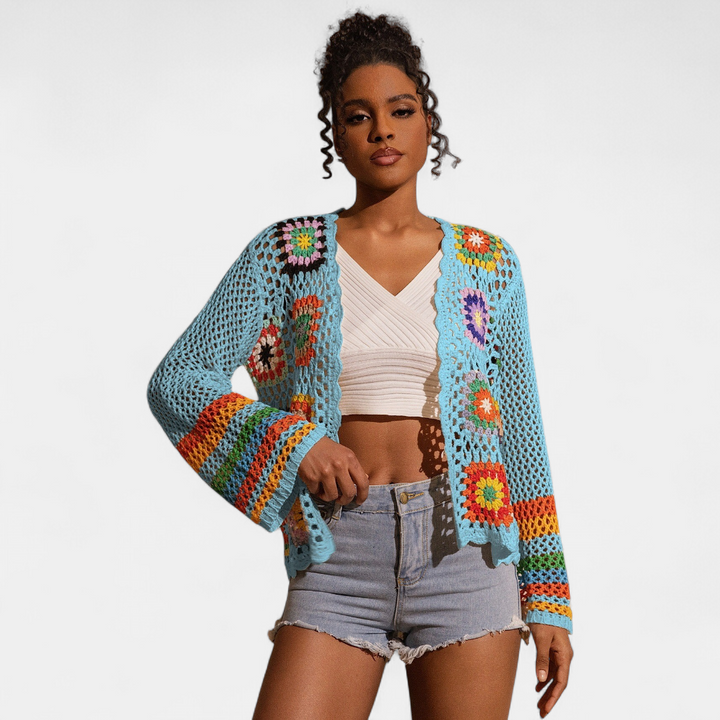 Women's Cropped Crochet Cardigan, Granny Square Open Knit Floral