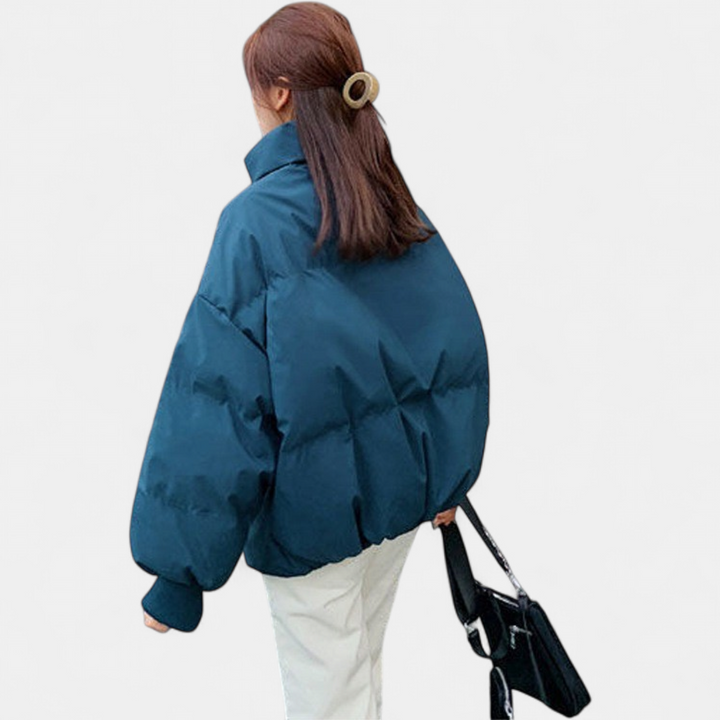 Women's Cropped Oversized Puffer Jacket, Quilted Stand Collar