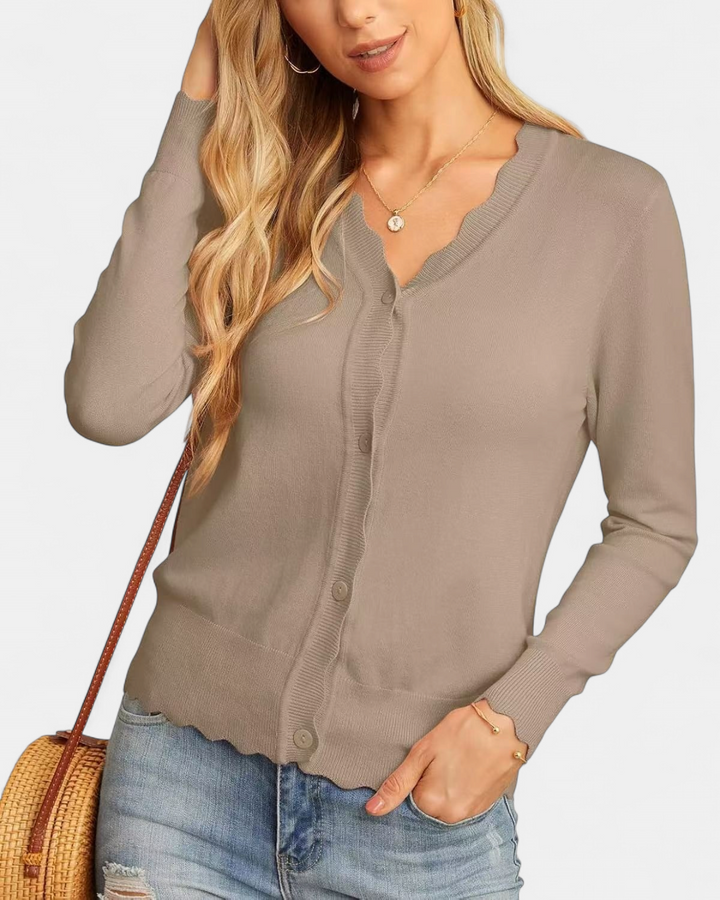 Women's Cropped Knit Cardigan, Button Up V Neck Scalloped Trim
