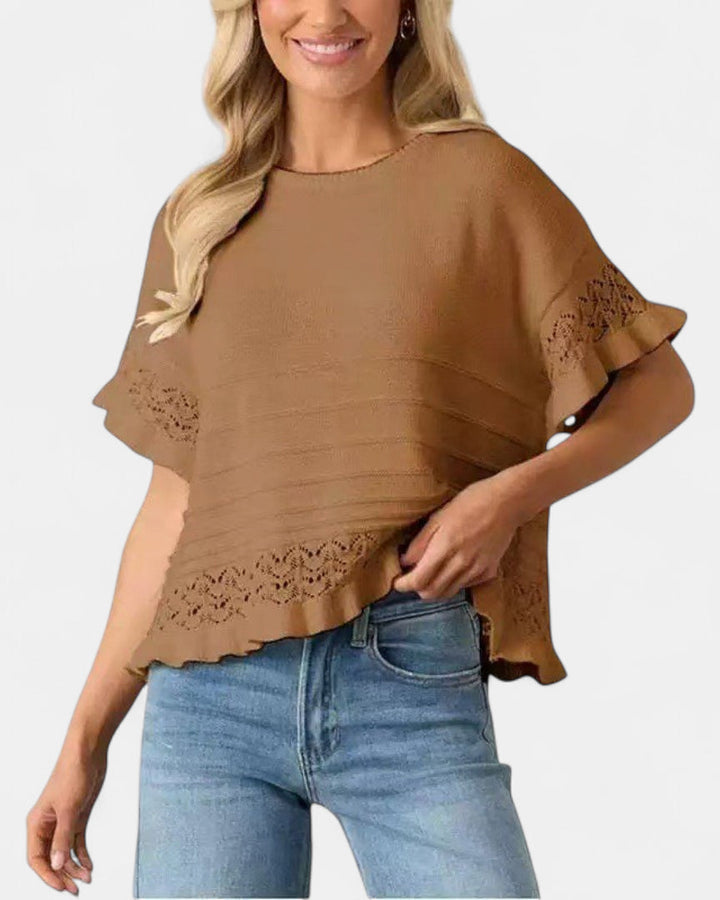 Women's Cropped Knit Jumper, Short Sleeve Pointelle Ruffle