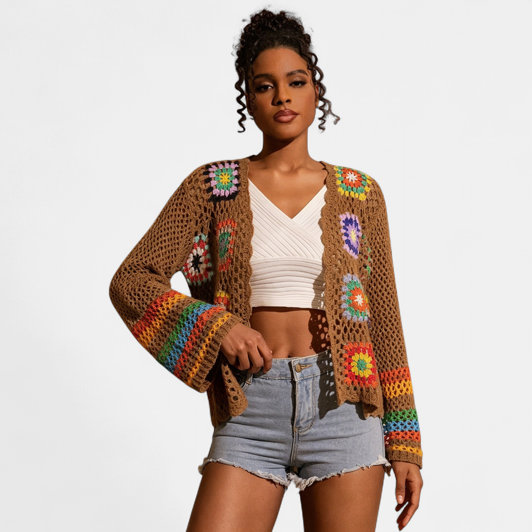 Women's Cropped Crochet Cardigan, Granny Square Open Knit Floral