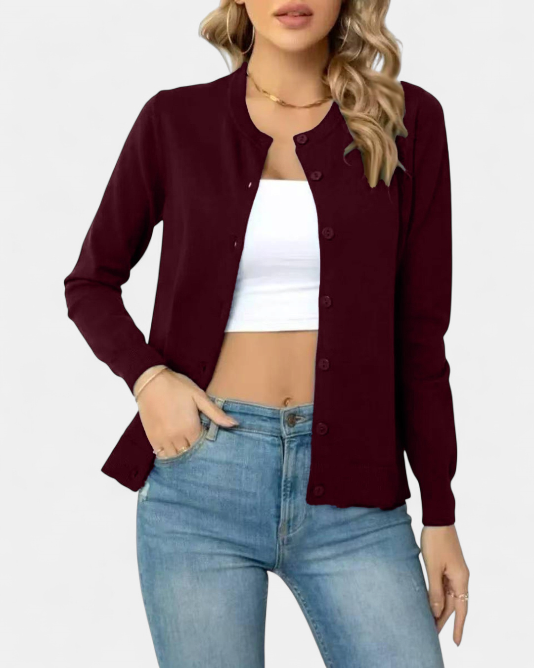 Women's Cropped Knit Cardigan, Fitted Button Up Long Sleeve