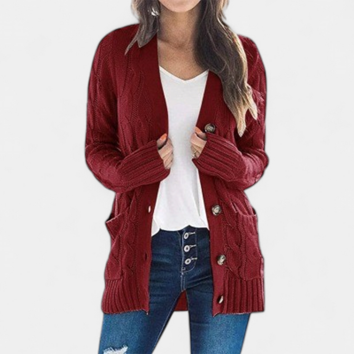Women's Chunky Cable Knit Cardigan, Oversized Button Up V Neck