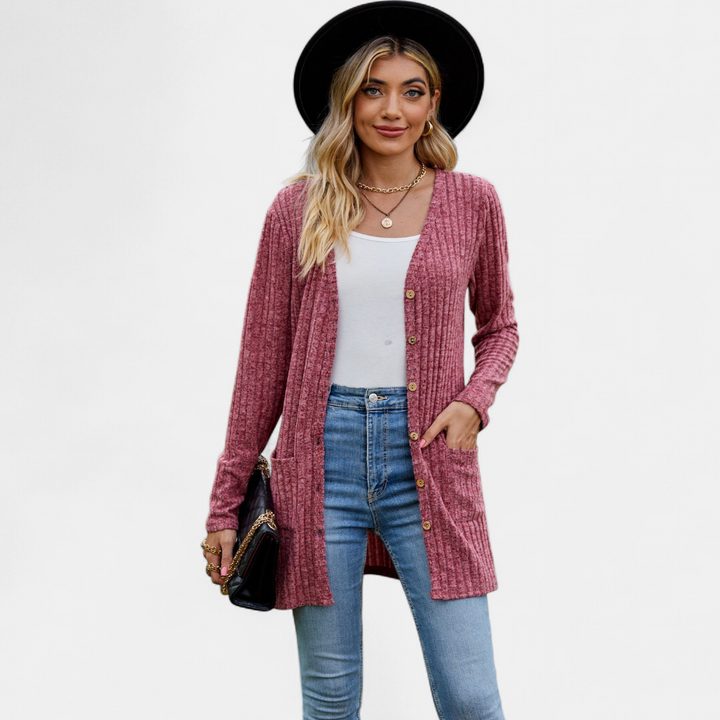Women's Long Knit Cardigan, Button Up V Neck Pockets