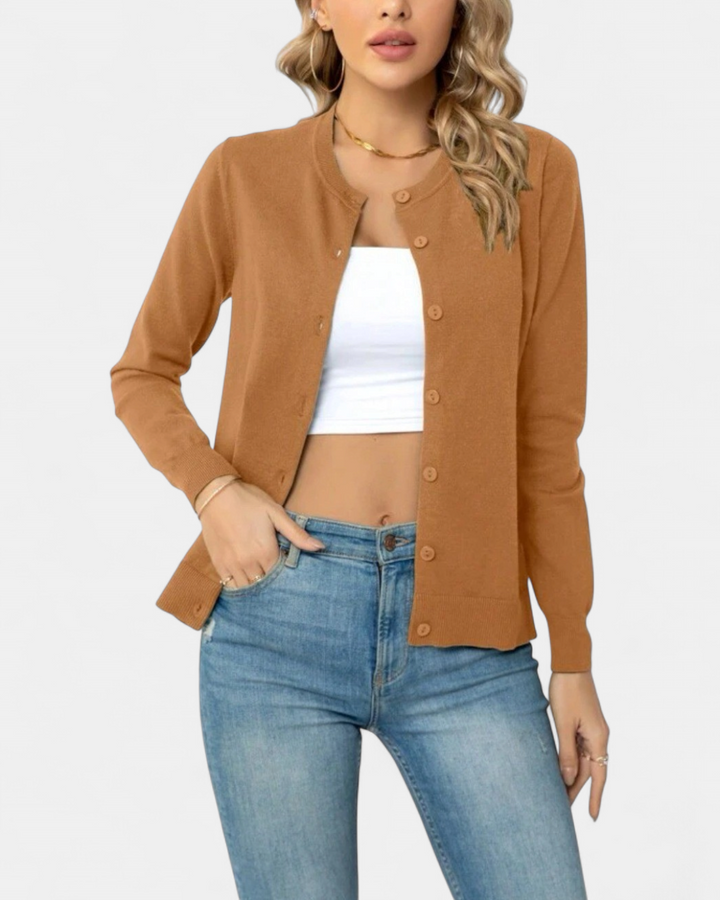 Women's Cropped Knit Cardigan, Fitted Button Up Long Sleeve