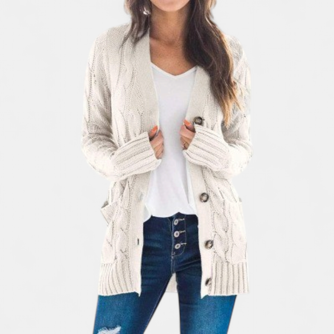 Women's Chunky Cable Knit Cardigan, Oversized Button Up V Neck