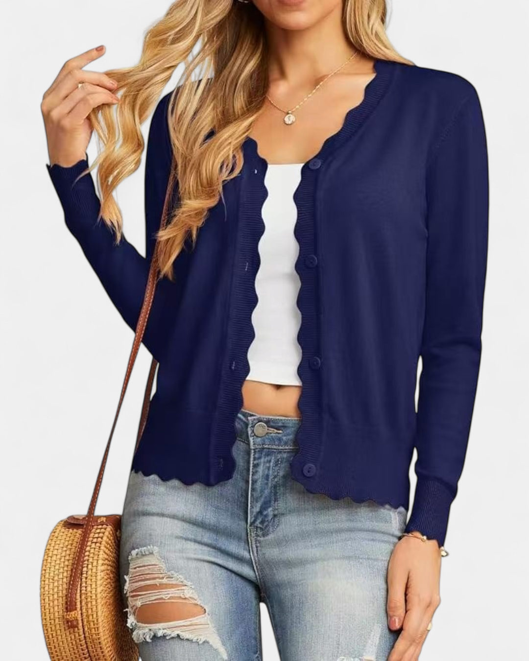 Women's Cropped Knit Cardigan, Button Up V Neck Scalloped Trim