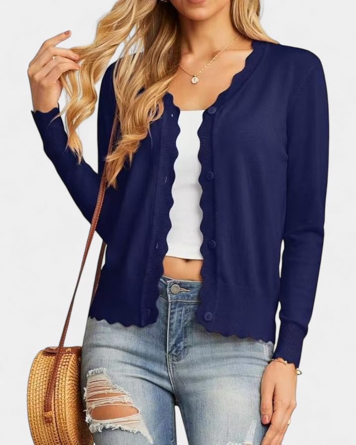 Women's Cropped Knit Cardigan, Button Up V Neck Scalloped Trim