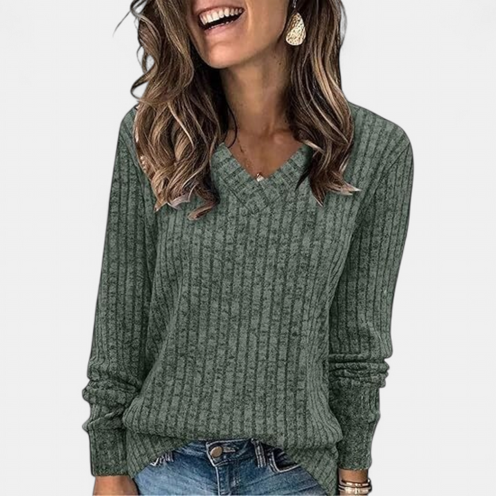Women's Ribbed V Neck Jumper, Waffle Knit Long Sleeve