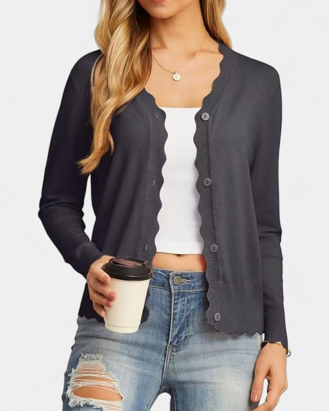 Women's Cropped Knit Cardigan, Button Up V Neck Scalloped Trim
