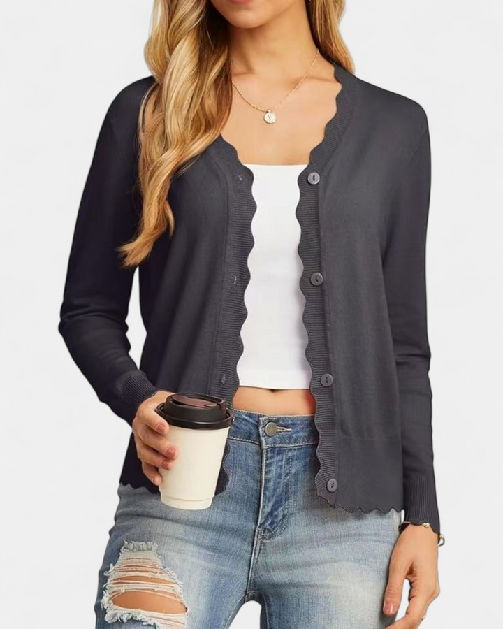 Women's Cropped Knit Cardigan, Button Up V Neck Scalloped Trim