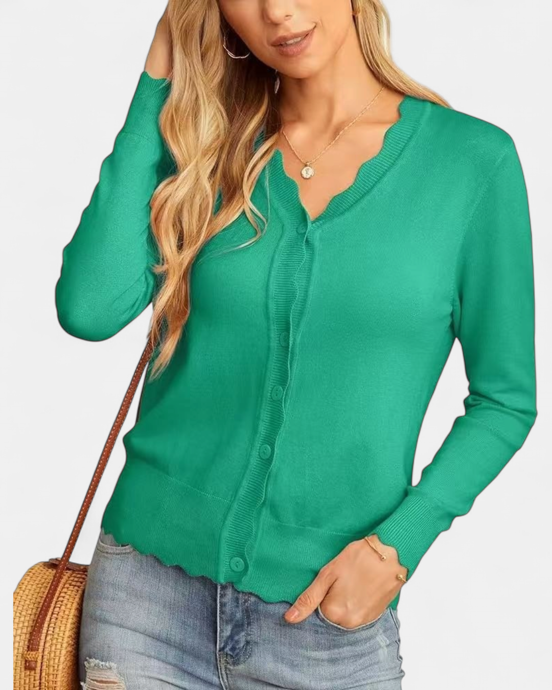Women's Cropped Knit Cardigan, Button Up V Neck Scalloped Trim