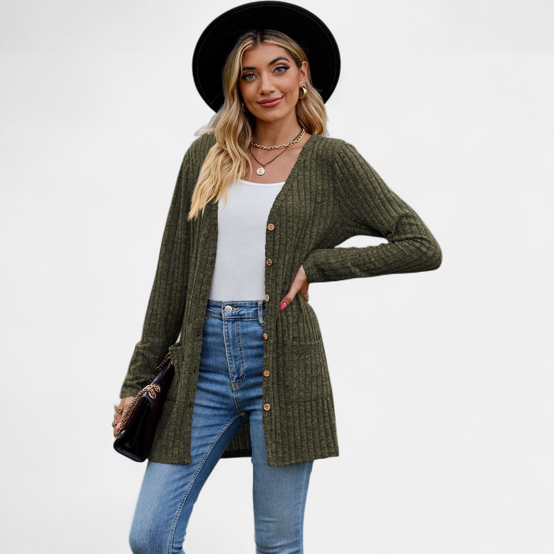 Women's Long Knit Cardigan, Button Up V Neck Pockets
