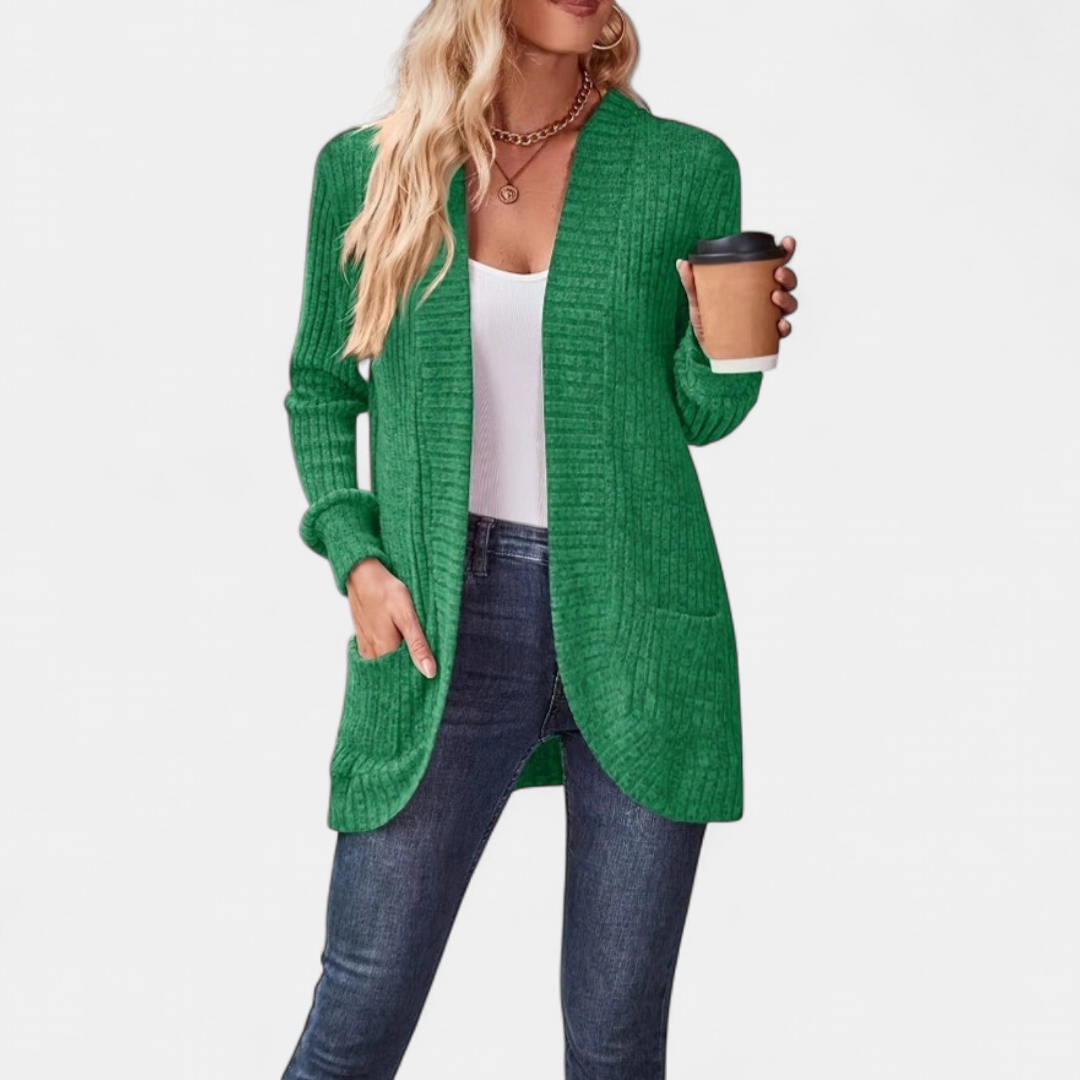Women's Oversized Long Ribbed Cardigan, Open Front Pockets