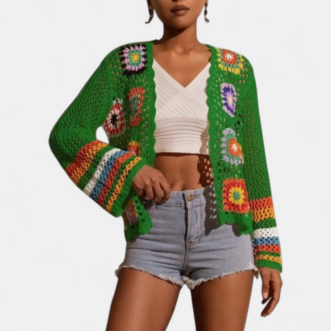 Women's Cropped Crochet Cardigan, Granny Square Open Knit Floral
