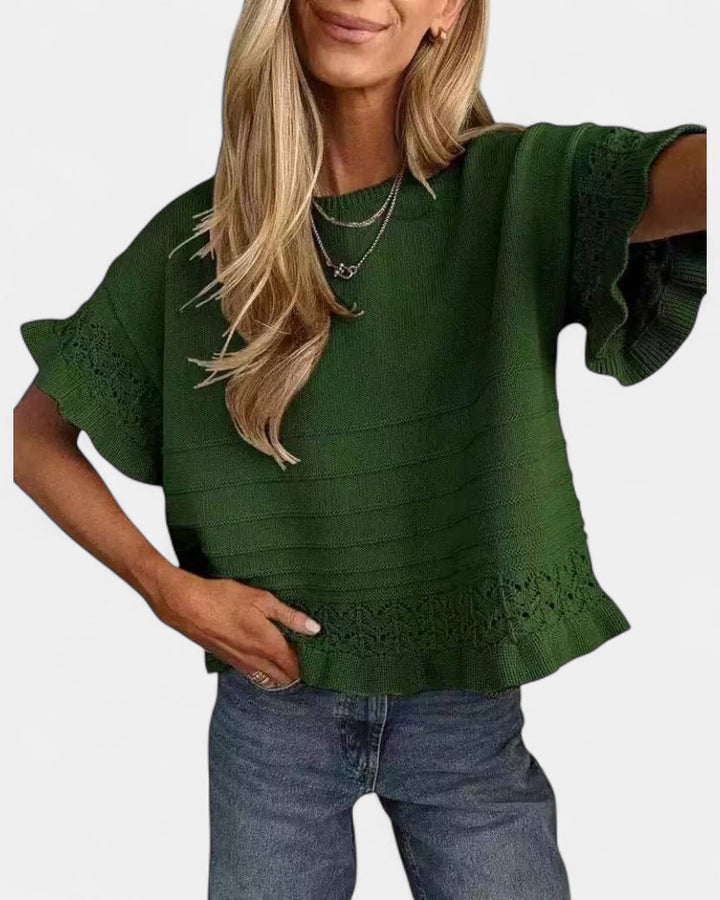 Women's Cropped Knit Jumper, Short Sleeve Pointelle Ruffle