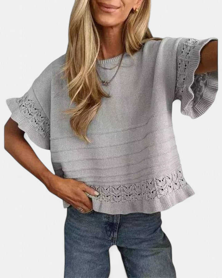Women's Cropped Knit Jumper, Short Sleeve Pointelle Ruffle