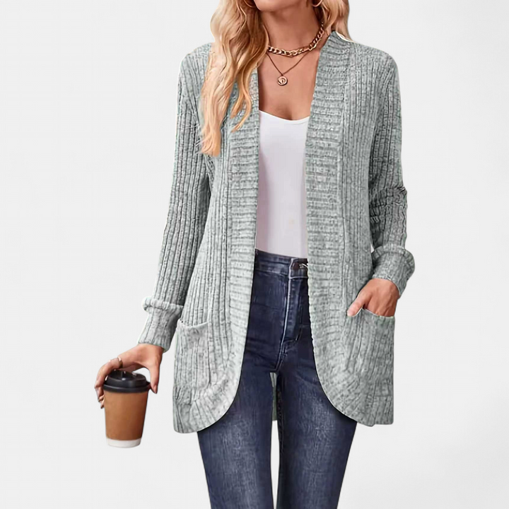 Women's Oversized Long Ribbed Cardigan, Open Front Pockets