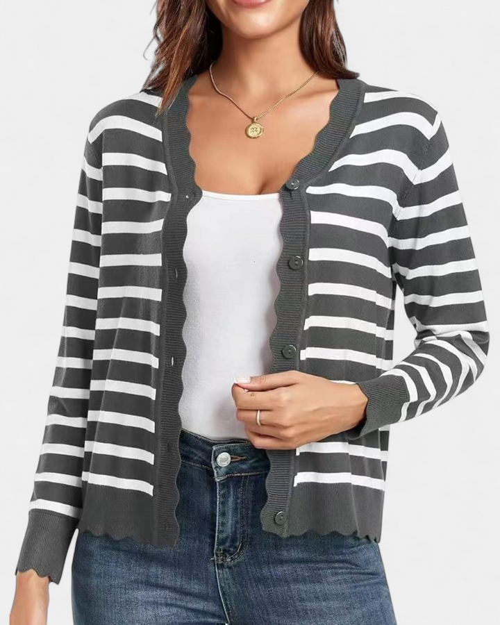 Women's Cropped Knit Cardigan, Button Up V Neck Scalloped Trim