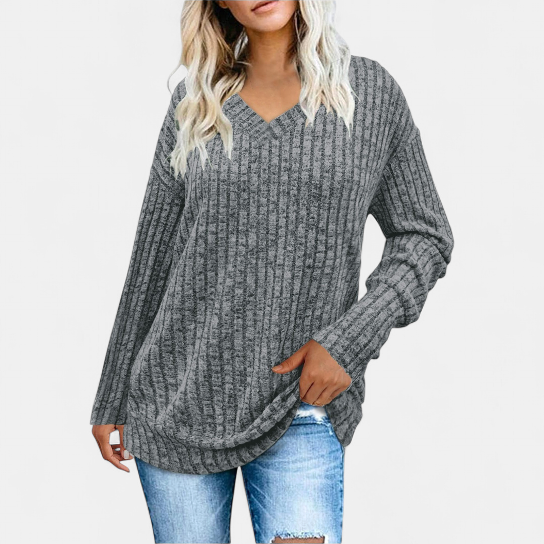 Women's Ribbed V Neck Jumper, Waffle Knit Long Sleeve