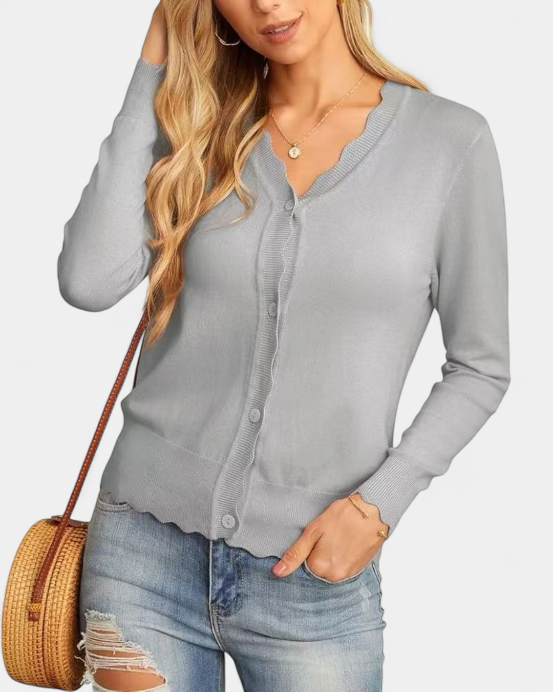 Women's Cropped Knit Cardigan, Button Up V Neck Scalloped Trim