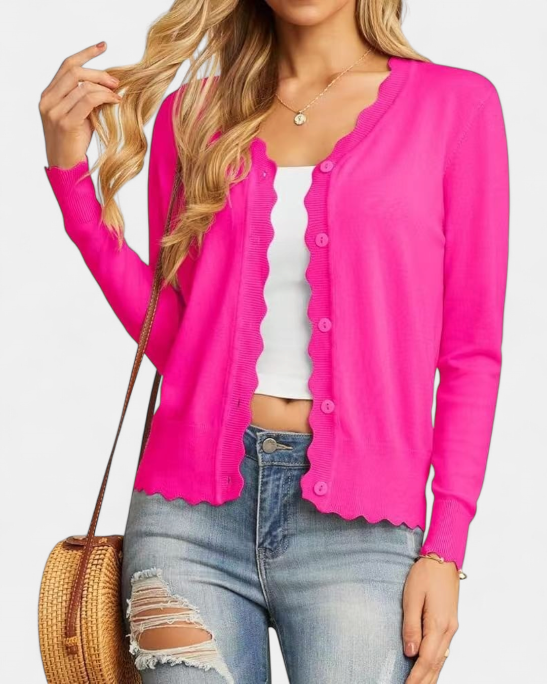 Women's Cropped Knit Cardigan, Button Up V Neck Scalloped Trim