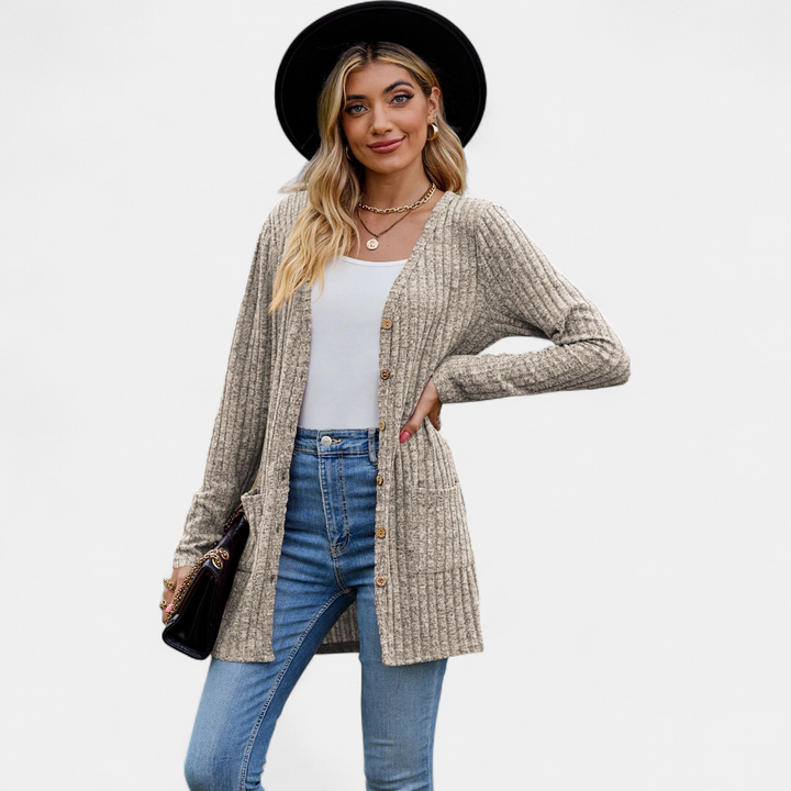 Women's Long Knit Cardigan, Button Up V Neck Pockets