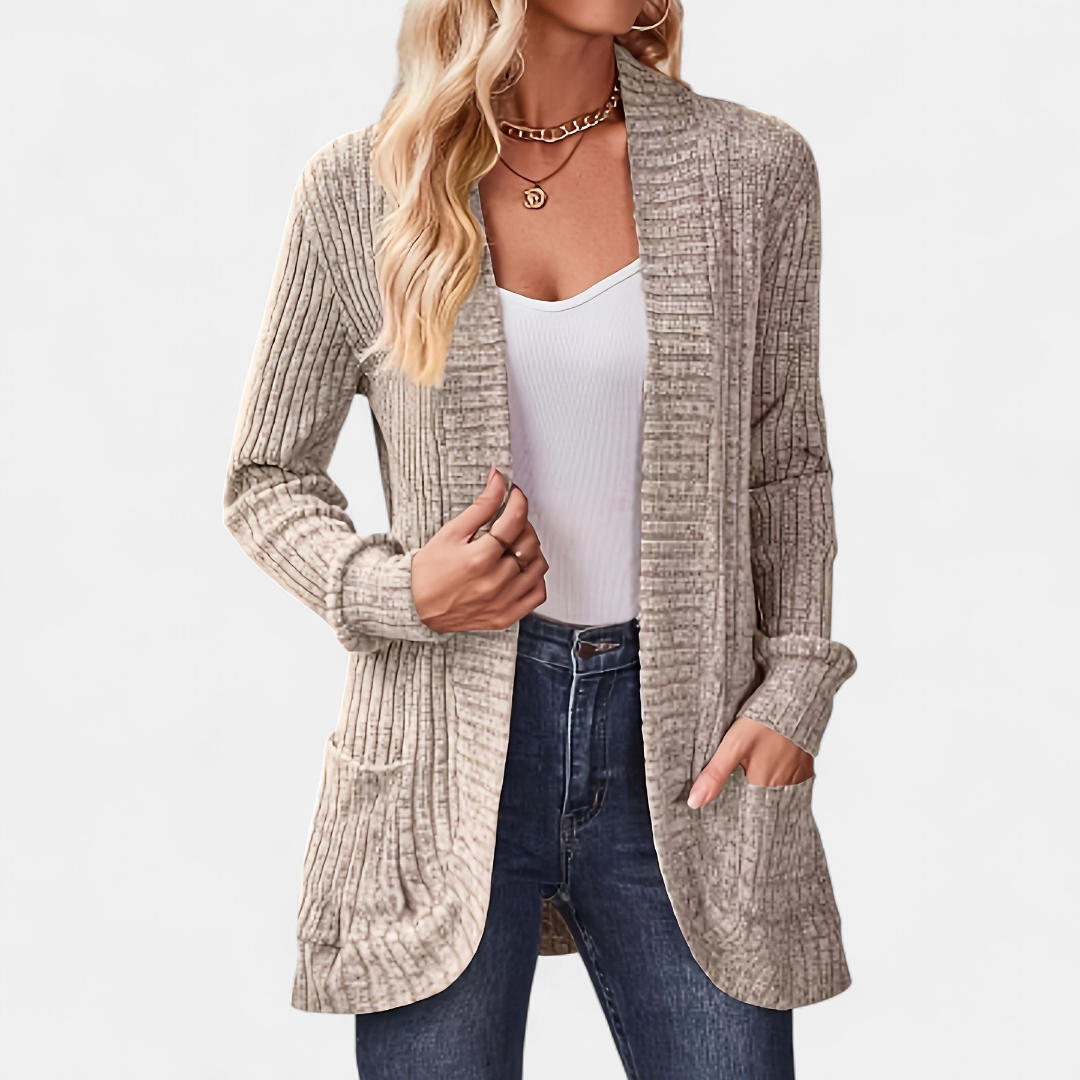 Women's Oversized Long Ribbed Cardigan, Open Front Pockets