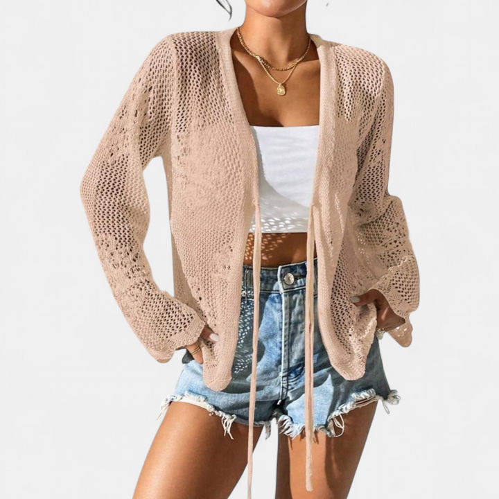 Women's Cropped Crochet Cardigan, Tie Front Lightweight Summer