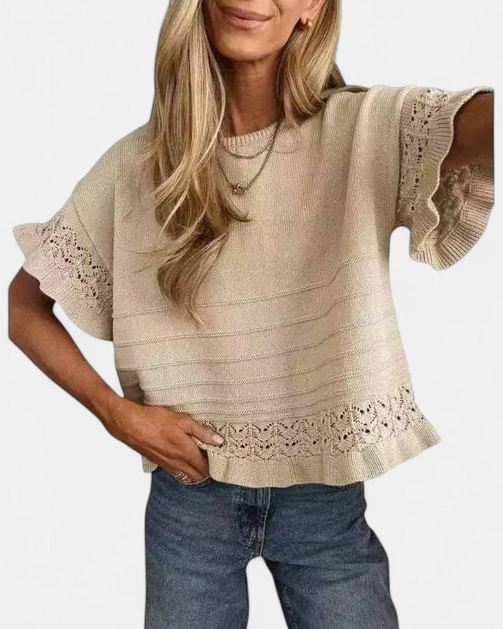 Women's Cropped Knit Jumper, Short Sleeve Pointelle Ruffle