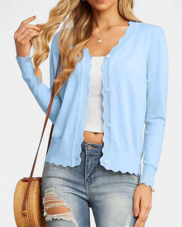 Women's Cropped Knit Cardigan, Button Up V Neck Scalloped Trim