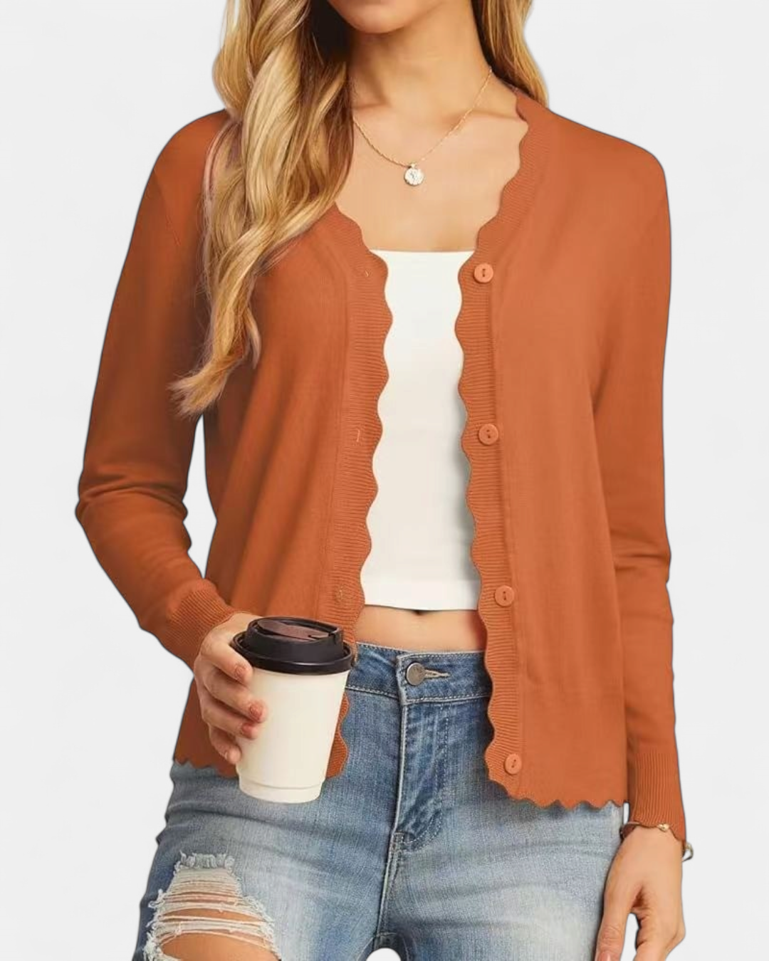 Women's Cropped Knit Cardigan, Button Up V Neck Scalloped Trim