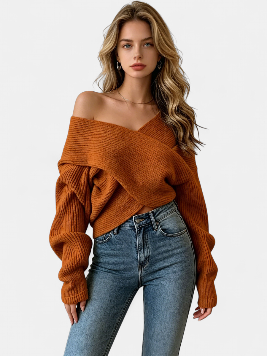 Women's Cropped Oversized Jumper, Off Shoulder Crossover Neck