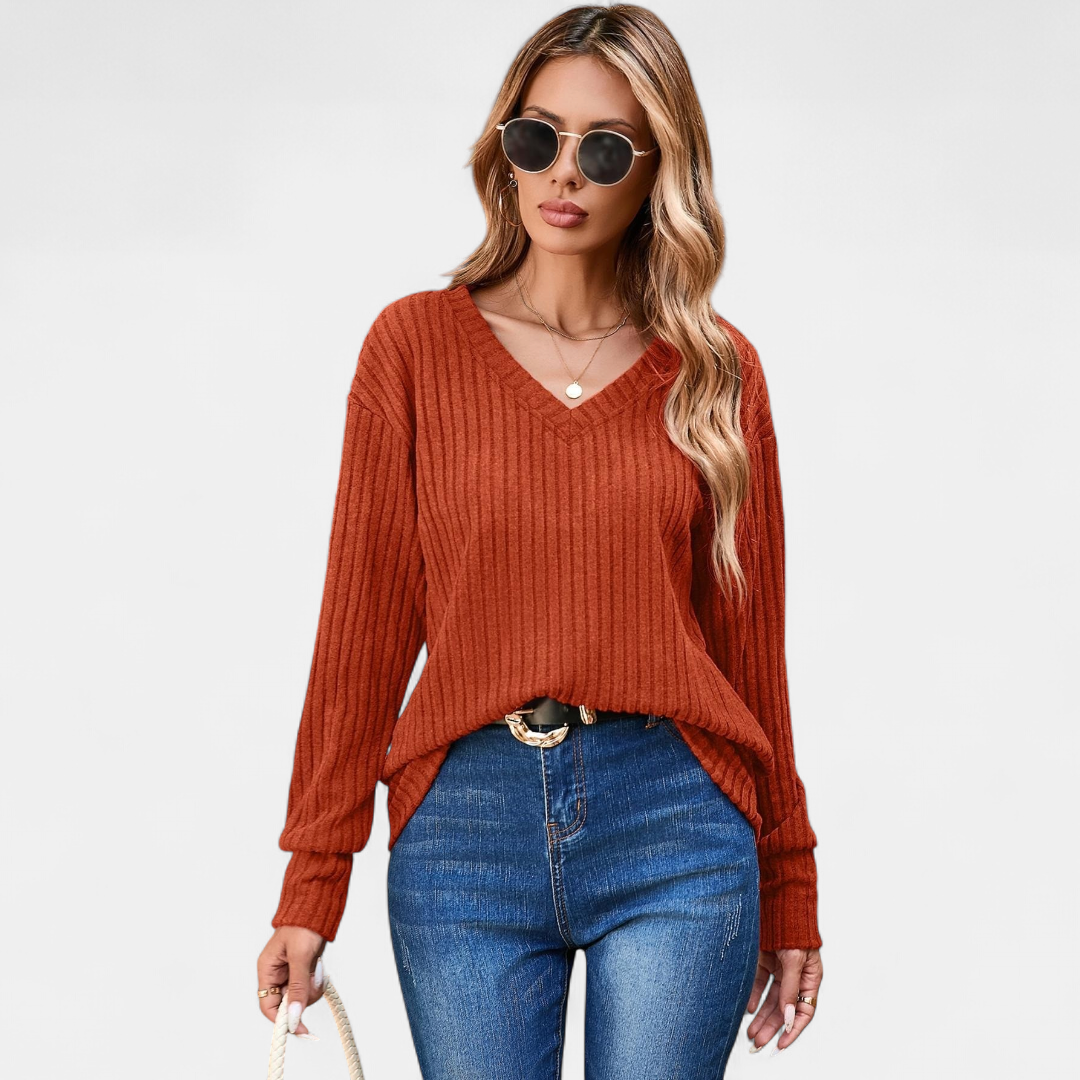 Women's Ribbed V Neck Jumper, Waffle Knit Long Sleeve