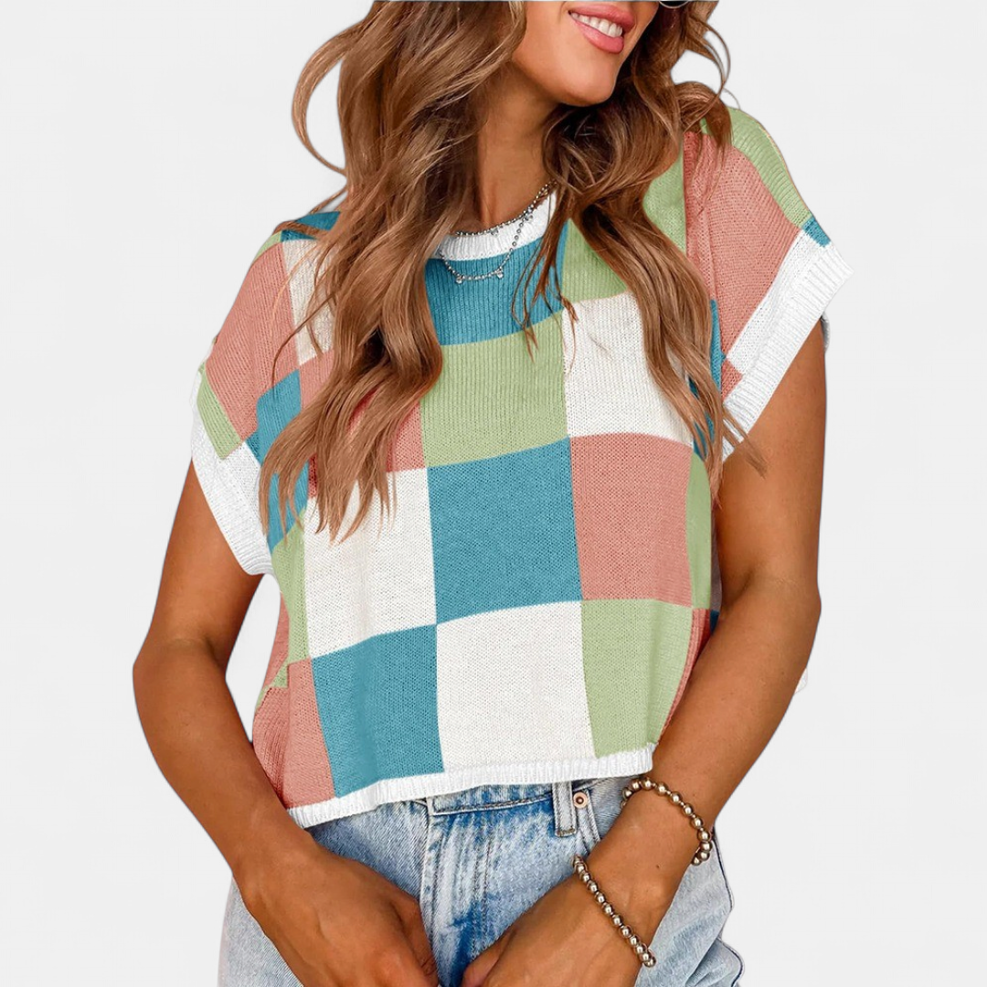 Women's Cropped Knit Cardigan, Checkerboard Cap Sleeve