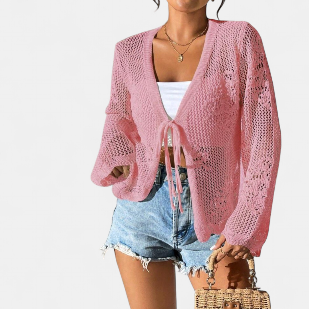 Women's Cropped Crochet Cardigan, Tie Front Lightweight Summer