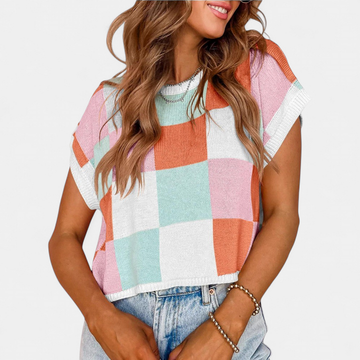 Women's Cropped Knit Cardigan, Checkerboard Cap Sleeve