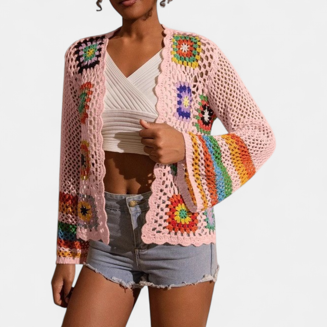 Women's Cropped Crochet Cardigan, Granny Square Open Knit Floral