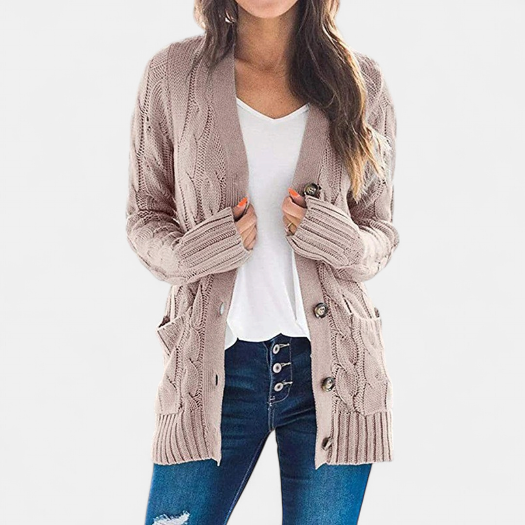 Women's Chunky Cable Knit Cardigan, Oversized Button Up V Neck