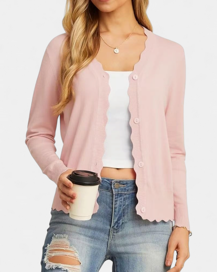 Women's Cropped Knit Cardigan, Button Up V Neck Scalloped Trim