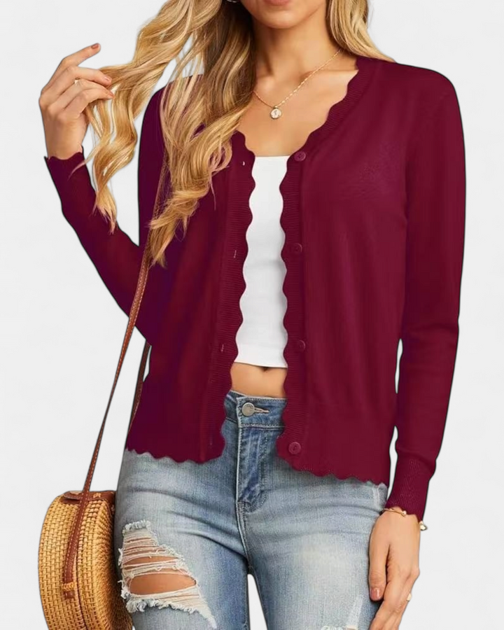Women's Cropped Knit Cardigan, Button Up V Neck Scalloped Trim