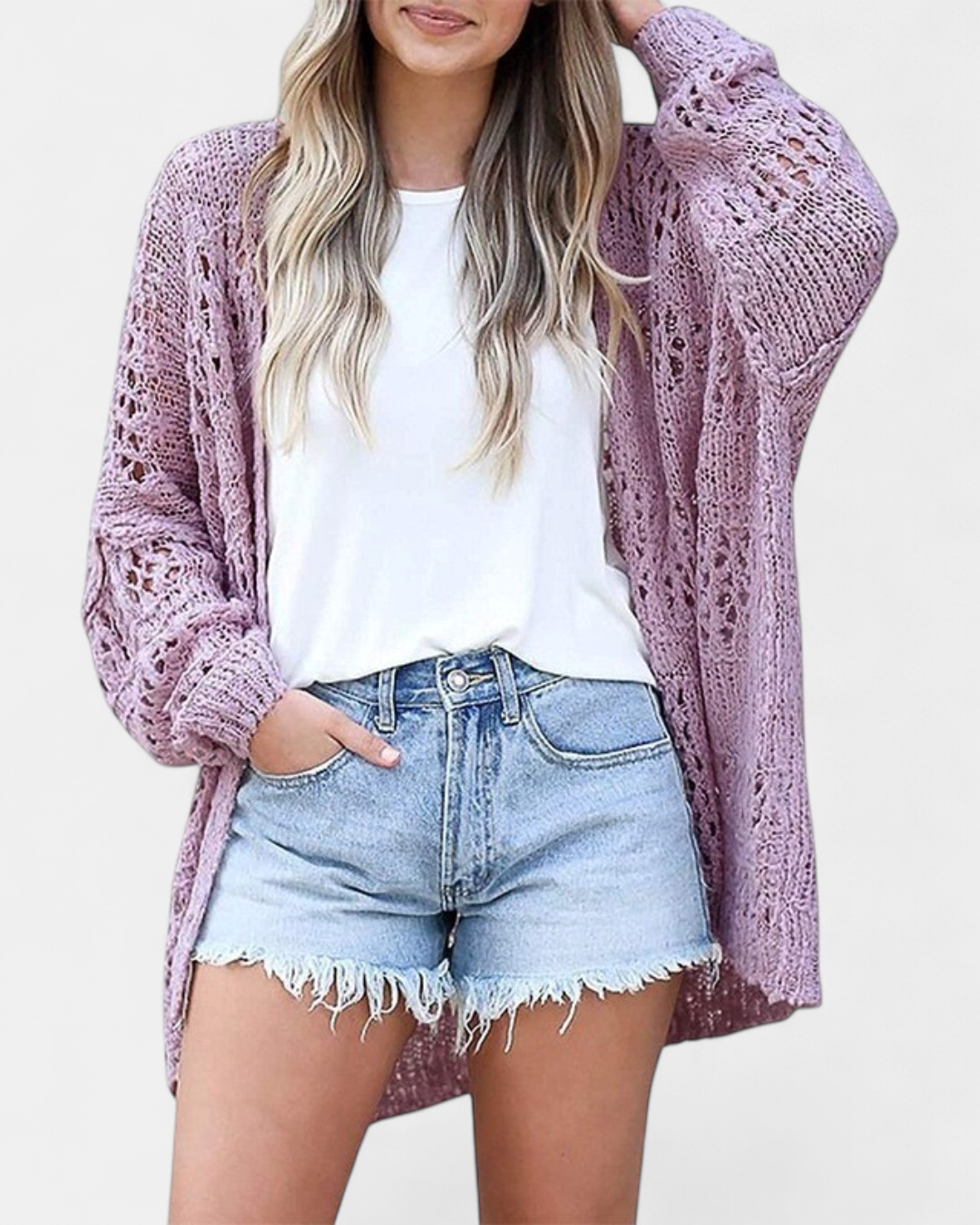 Women's Oversized Crochet Cardigan, Open Knit Long Sleeve Lightweight