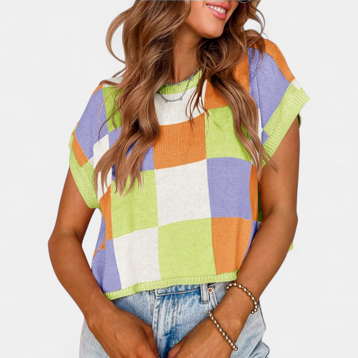 Women's Cropped Knit Cardigan, Checkerboard Cap Sleeve